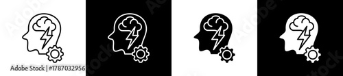 Brainstorm icon set in line and glyph style on black and white background