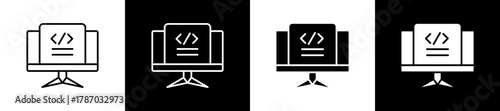 Coding icon set in line and glyph style on black and white background