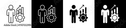 Development icon set in line and glyph style on black and white background