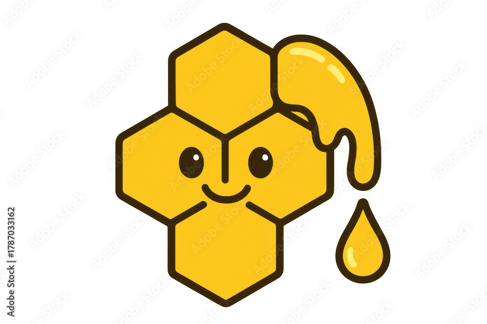 Fototapeta premium Honeycomb character dripping honey, sweet food item with smiling face and hexagonal shape, natural sugar