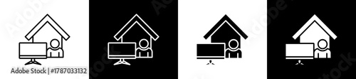 Remote Working icon set in line and glyph style on black and white background