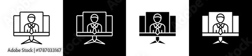 Telecommuting icon set in line and glyph style on black and white background