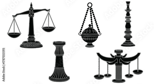 Vintage scales and candle holders decorative vector illustration