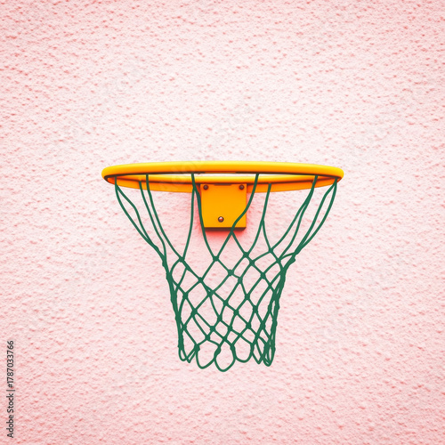 Orange basketball hoop with green net on textured pink wall, minimal and playful sports concept