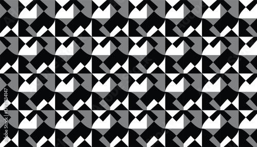A seamless monochrome pattern built from interlocking triangular and trapezoid shapes. The alternating black, white, and gray tones form a rhythmic optical structure with a modern minimalist feel
