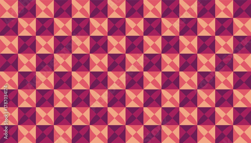 A seamless geometric pattern composed of layered triangles and diamond shapes in warm peach and deep magenta tones. The repeating design creates a subtle 3D illusion and a rhythmic