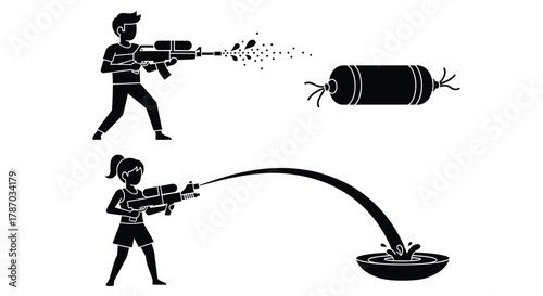 Water gun fight illustration summer fun kids playing water games