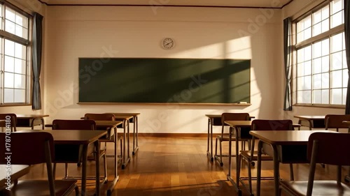 Wallpaper Mural Empty classroom lit by sunlight streaming through windows, showing rows of student desks and a chalkboard Torontodigital.ca