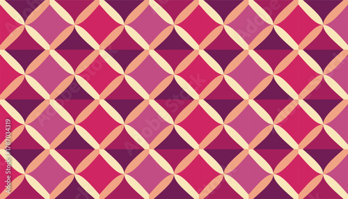 Seamless geometric pattern with interlocking diamond shapes in shades of pink, magenta, and cream. The dynamic composition and vibrant color palette give a modern yet retro feel