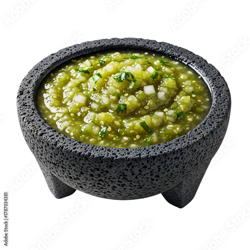 Zesty Green Salsa Verde in Molcajete Bowl, Fresh Mexican Tomatillo Sauce for Tacos and Nachos, Isolated on transparent background, png