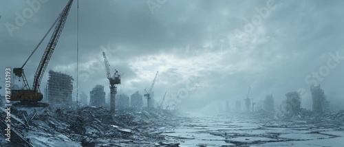 Snowy futuristic city with towering structures and wind turbines in a cold, dystopian landscape
