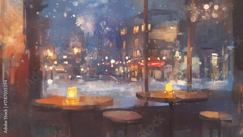 冬の夜のカフェ風景 ロマンチックな街灯とキャンドルの暖かなイラスト