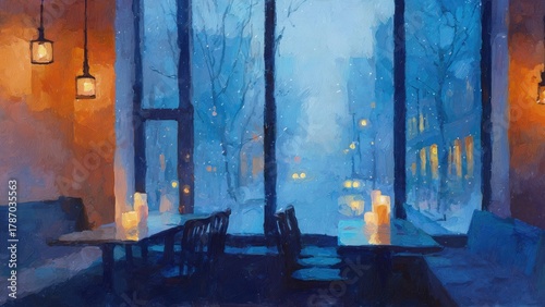 雪の夜のレストラン風景 暖かな光と青のコントラスト