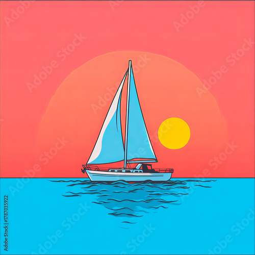 Sailboat sailing on calm sea with blue water and orange sunset sky, peaceful and relaxing mood