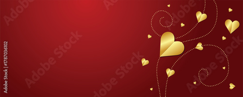Elegant Red Background with Golden Hearts and Swirls