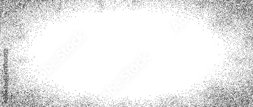 Sand grain gradient texture. Stippled radial border overlay. Fading sprayed dot frame background. Grange dotted noise pattern wallpaper with zoom effect. Vector vignette grainy halfton patern backdrop