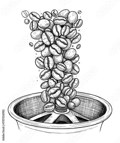 Hand-Drawn Coffee Beans Pouring into Grinder in Vintage Engraving Style. Vector Illustration for Coffee Culture and Craft.