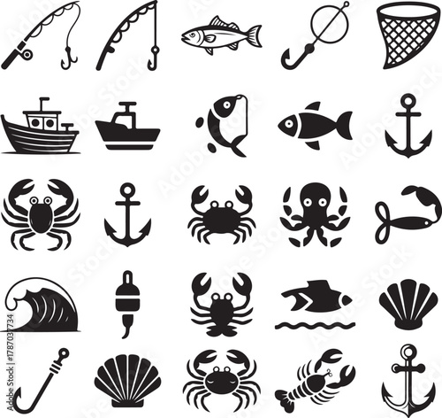 Fishing and Marine Life Icons Set ocean , fishing, fish, marine, sea, ocean, boat, ship, anchor, 