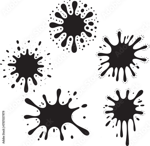 Black ink paint vector splatter drop illustration grunge art design stain blot liquid set symbol spot color blob icon