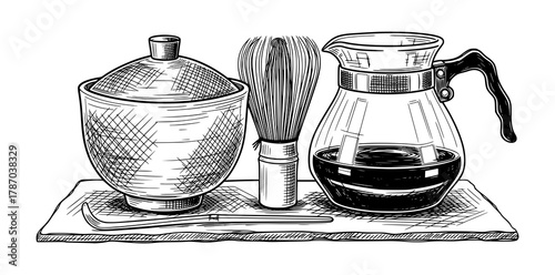 Traditional Tea and Coffee Set in Engraved Sketch Style. Vector Illustration for Slow Living and Ritual Concepts.