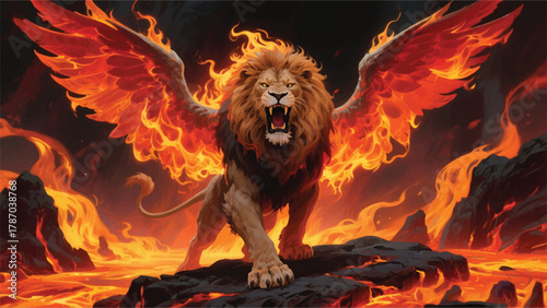 Hot Fire Winged Lion Illustrator Artwork Banner Background Design Template 