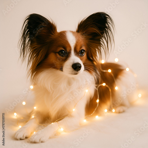 Cozy and magical scene on a white background. A calm, elegant Papillon is lying down, and a string of warm-white fairy lights is gently draped around its paws and back