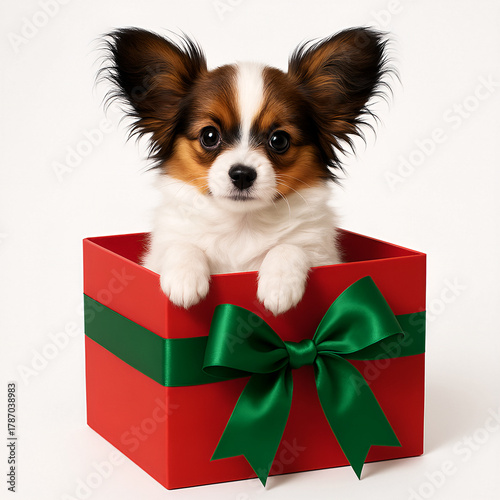 An adorable Papillon puppy is sitting inside a large, open red gift box with a big green bow, on a pristine white background
