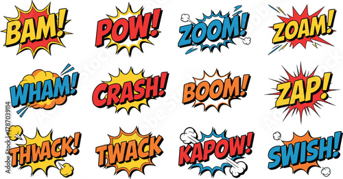 Comic sound effect text, colorful pop art explosion, retro cartoon action words, dynamic comic book lettering, vibrant onomatopoeia design, playful comic style graphics