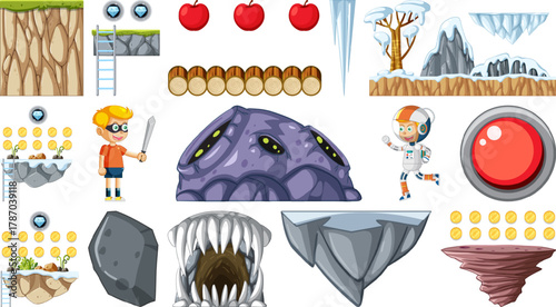 Isolated fantasy space game objects and elements set