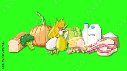 Animated Food Groups Assembled on Green Screen Background