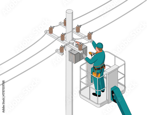 Utility worker in safety gear performing electrical power line maintenance on utility pole using hydraulic lift platform, energy infrastructure repair, skilled labor, occupational safety