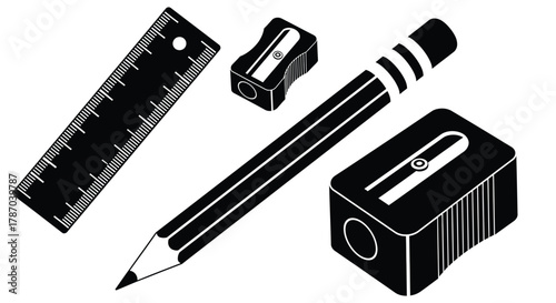 Black and white school supplies drawing pencil ruler sharpener art