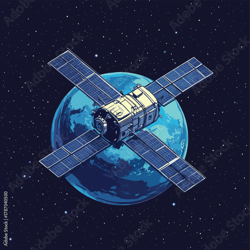 Illustration of a satellite orbiting the earth for communication and exploration in space against a dark background   , vector style simple color