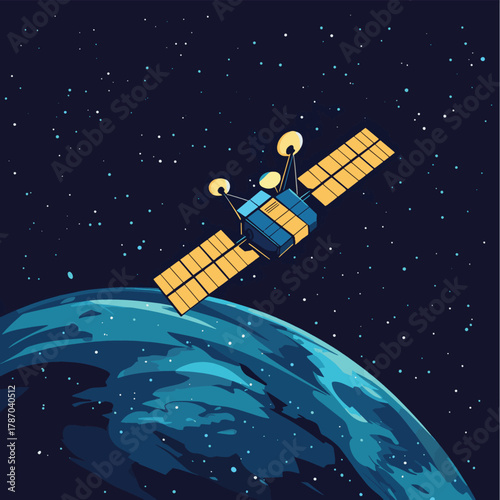 Illustration of a satellite orbiting the earth for communication and exploration in space against a dark background   , vector style simple color