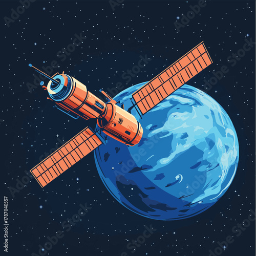 Illustration of a satellite orbiting the earth for communication and exploration in space against a dark background   , vector style simple color