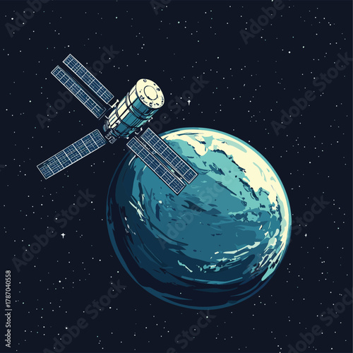 Illustration of a satellite orbiting the earth for communication and exploration in space against a dark background   , vector style simple color