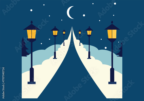 A winter night scene with a snowy path and streetlights, a peaceful and serene illustration of a winter landscape