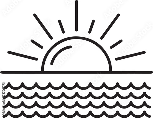 Minimalist line art sunrise over ocean waves