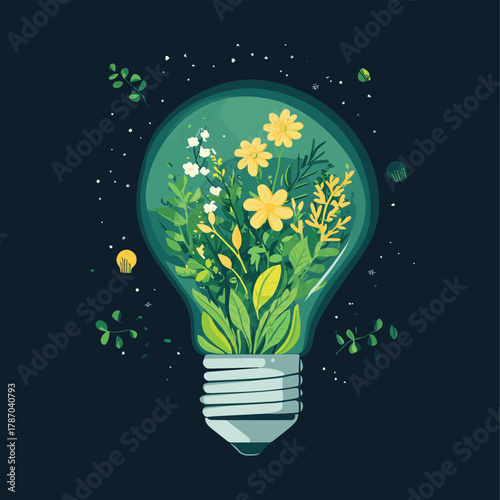 A light bulb with green energy sources inside, promoting sustainability   , vector style simple color