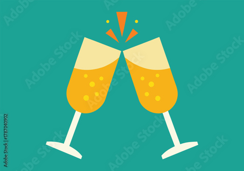 Two champagne glasses toasting with orange bubbles on a teal background for a festive celebration or special occasion