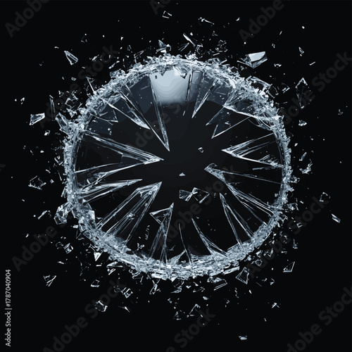A shattered circle of broken mirror pieces lies on a black surface, reflecting light and creating a sense of fragmentation and loss   , vector style simple color