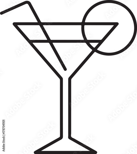 Minimalist line art icon of a martini glass with garnish and straw