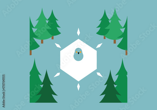 A stylized owl in a snowy forest with green trees and a light blue background for a wintery scene