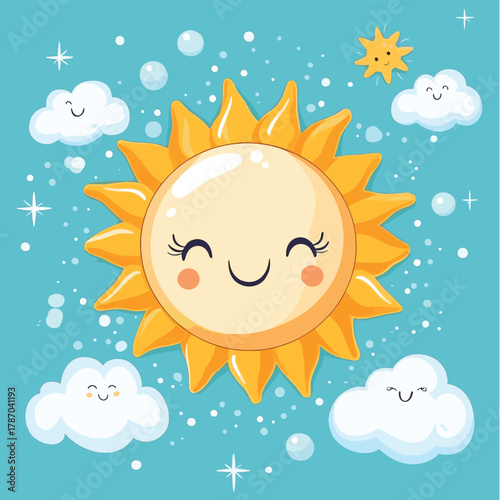 Cute cartoon sun and cloud weather sky day nature summer spring season climate forecast   , vector style simple color