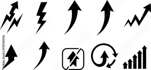 Growth and Power Icons Black Vector Set of Upward Arrows, Lightning Bolts, Increase Chart, and Circular Progress Symbols