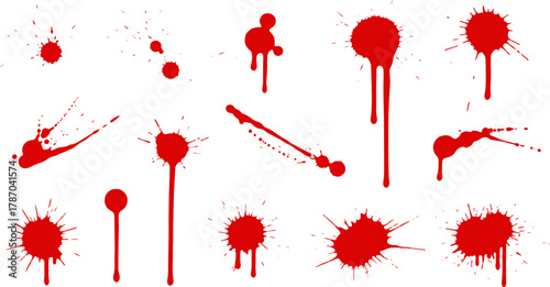 Red Blood Splatter and Drip Vector Set Realistic Collection of Artistic Grunge Paint Marks and Liquid Stain Elements