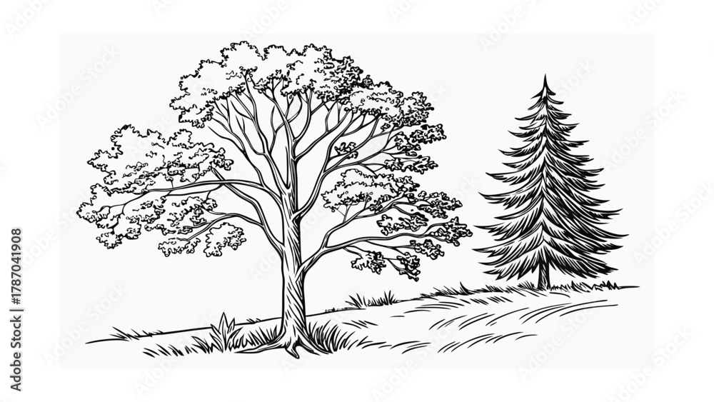 Fototapeta premium Line Drawing of a Large Deciduous Tree and a Pine Tree (11) illustration