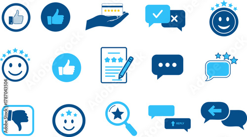 customer feedback, review, and rating icons set, featuring thumbs up, thumbs down, star ratings, chat bubbles, and smiling emoji faces