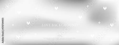 Silver mirror gradient and foil texture. Love background with pixel hearts. Abstract metal surface with chrome or steel reflection in design. Vector illustration.