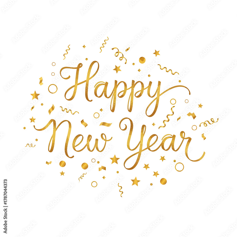 Obraz premium Golden Happy New Year calligraphy with festive confetti, stars, and dots on a white background, celebrating the holiday season.